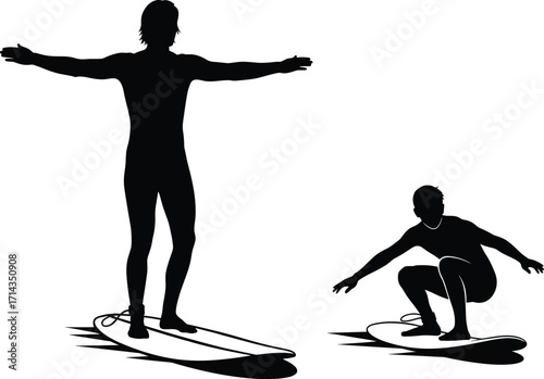 Silhouette of Two Surfers Riding Waves – Dynamic Surfing Poses in Black and White Vector Art