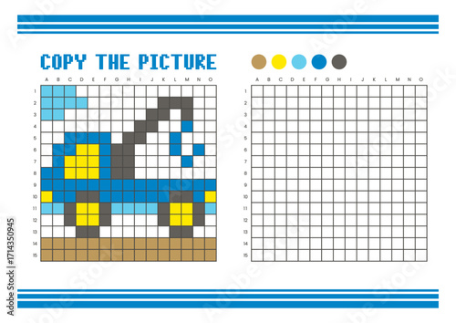 Copy the picture grid drawing worksheet for kids. Pixel art grapple excavator
