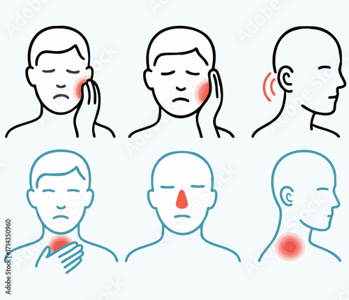Medical line icons set — toothache, headache, ear pain, sore throat, nasal congestion, neck pain