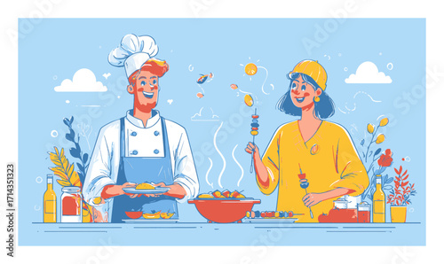 Cartoon Cooking Scene with Chef and Enthusiastic Food Enthusiast
