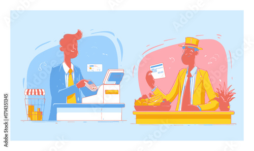 Business Cartoon of Cashier with Customer at Register and Fruit Stand
