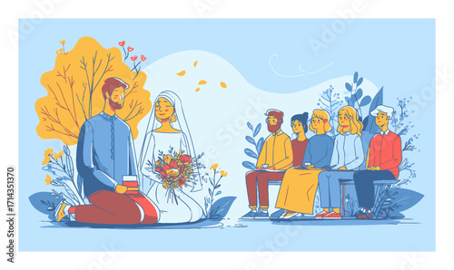 Romantic Cartoon Illustration of Wedding Ceremony with Guests and Nature