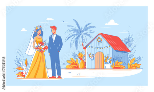 Charming Cartoon Vector Illustration of a Bride and Groom by a Tropical Cottage