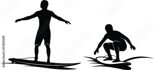 Silhouette of Two Male Surfers in Action – Standing and Crouching Poses on Surfboards Vector Art