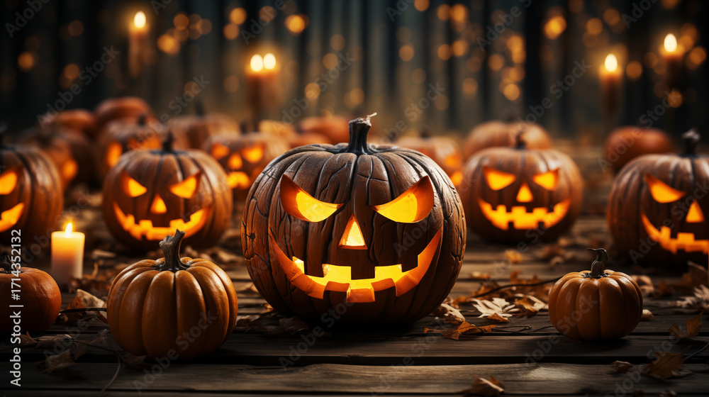 Fototapeta premium A Spooky Arrangement of Halloween Pumpkins and Lights