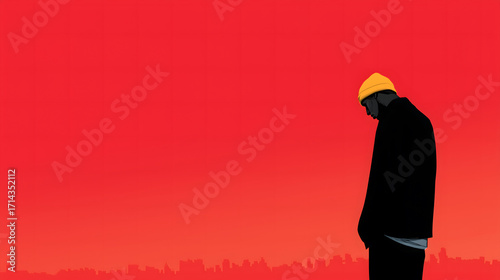 Digital illustration of person in yellow hat against red city skyline