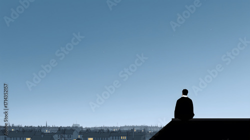 Minimalist illustration of person on rooftop overlooking city at night