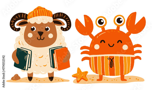 Cartoon Sheep and Crab Characters with Books and Bright Colors