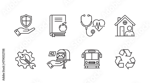 Collection of eight distinct service icons in a clean line art silhouette style