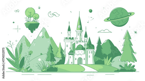 Enchanted Green Castle and Landscape with Trees and Planet Illustration