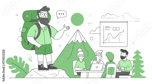 Friendly Guide Leading a Group Discussion in a Nature Setting