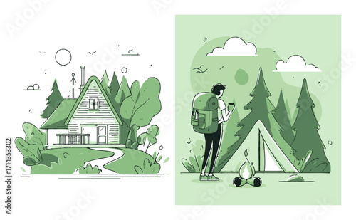 Nature Adventure: Camping Scene and Cozy Cabin in Green Illustration