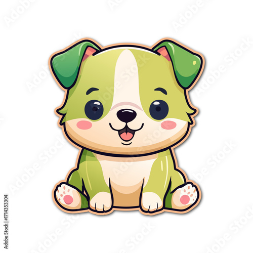 Cute green puppy sitting patiently with a happy expression, looking forward on a white surface, creating a playful and cheerful mood.