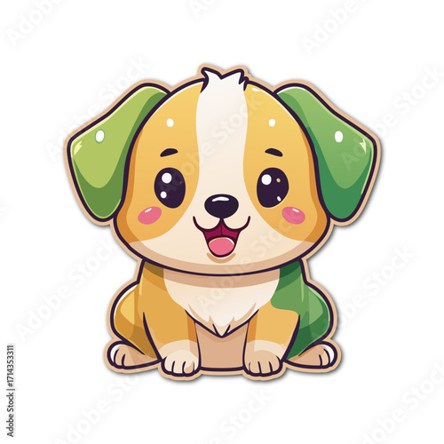Cute puppy sitting patiently with a happy expression, its playful eyes sparkling with joy, creating a heartwarming and cheerful scene.