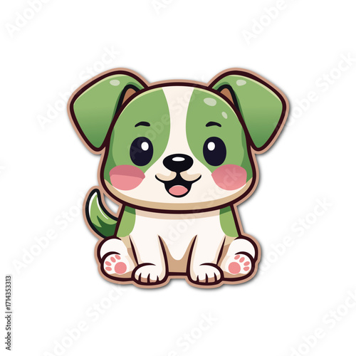 Cute cartoon puppy sitting patiently on white surface, looking cheerful with big eyes and happy expression, radiating innocence and charm.