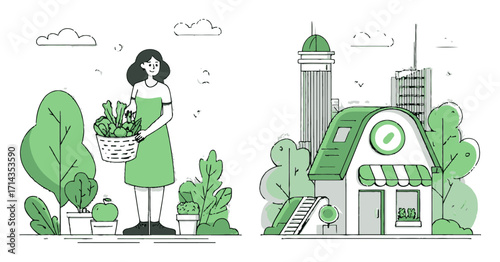 Woman with Basket of Vegetables Near Urban Garden Shop Illustration