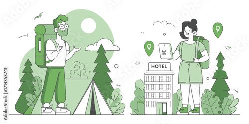 Outdoor Adventure and Urban Exploration Cartoon Illustration for Travel