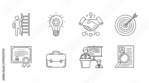 Collection of business and career icons in a sketchy silhouette style