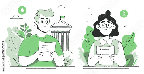 Stylish Cartoon Illustration of Two Characters Holding Papers in Green Theme