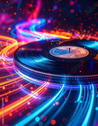 realistic, macro photograph of a vinyl record playing music, 