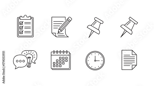 Collection of office supplies and business icons presented in a clean line art silhouette style