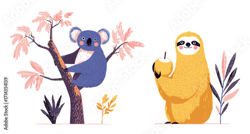 Cute Koala and Sloth Holding Tropical Plants in Fun Vector Art Design