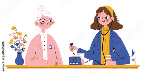 Whimsical Illustration of Doctor, Bear, and Scientist in Healthcare Setting