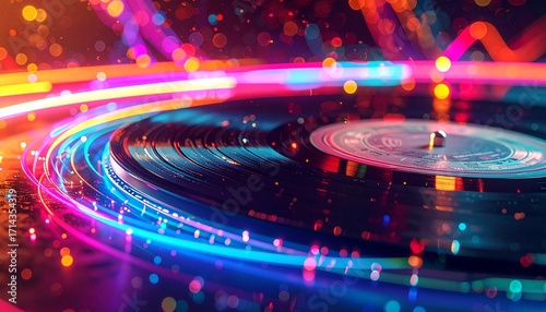 realistic, macro photograph of a vinyl record playing music, 