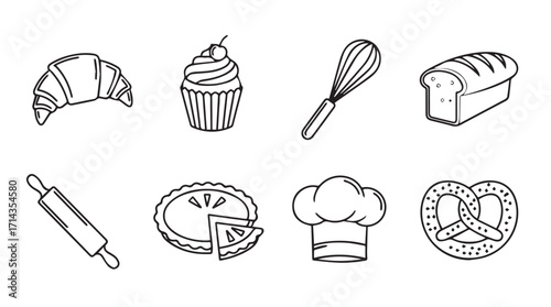 Collection of baking ingredients and tools in a simple hand drawn silhouette style