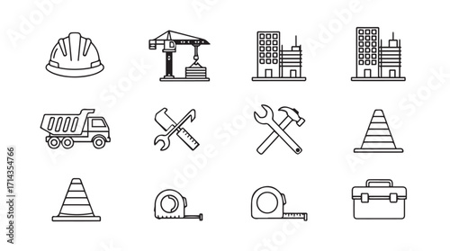 Collection of construction industry icons in a simple line art silhouette style