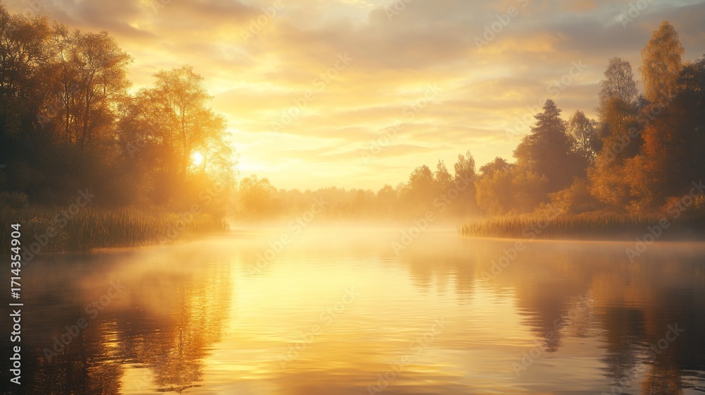 Fototapeta premium Golden sunrise over a tranquil river. Misty morning light illuminates the trees and water