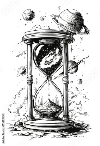 Intricate Hand-Drawn Engraving of Hourglass with Cosmic Elements