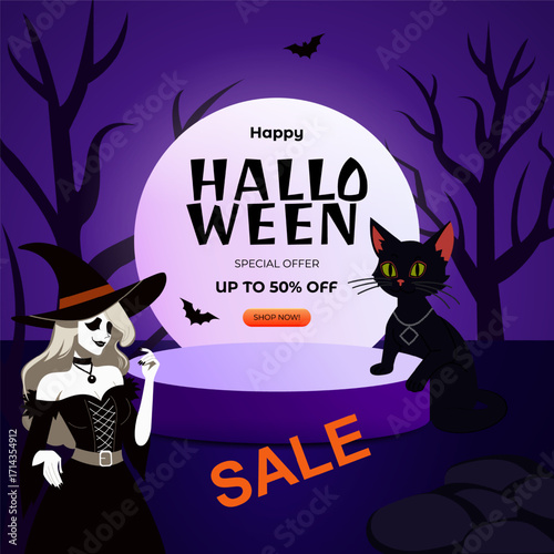 A spooky Halloween sale poster with a witch, black cat, bats, and eerie trees under a purple night sky. Text announces “Happy Halloween” with up to 50% off special offer.