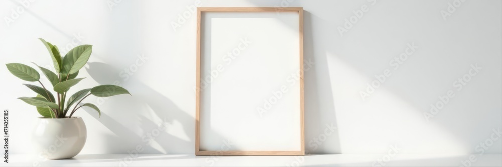 Obraz premium Simple vertical wooden picture frame against white wall , clean background, plain background, natural
