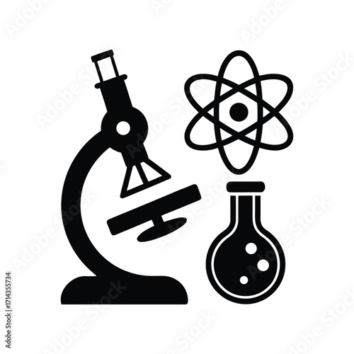 Illustration depicting scientific equipment, including a microscope, an atom symbol, and a flask with a molecular structure, representing science and research