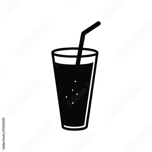 Black and white beverage illustration of a tall glass filled with a fizzy drink and a straw, perfect for logo design, and drink-related projects
