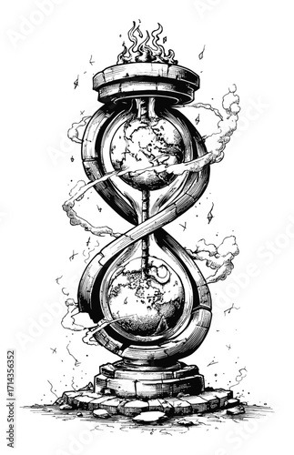 Intricate Hand-Drawn Engraving of an Hourglass with Unique Design Elements