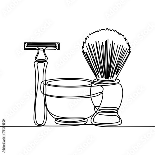 Line art of shaving tools including razor, brush, and bowl  