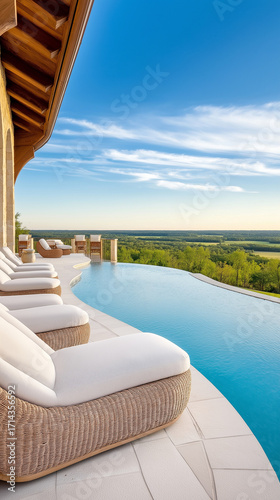 Wallpaper Mural Luxury lounge chairs by infinity pool with scenic countryside view Torontodigital.ca