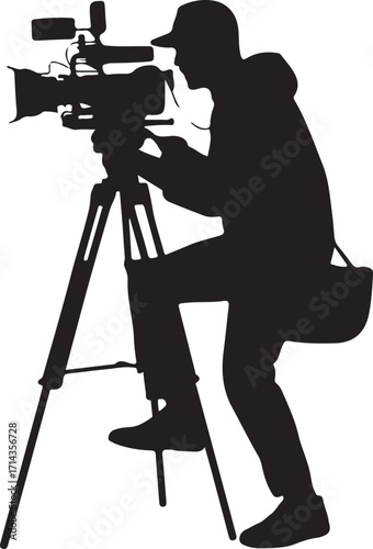  Black silhouette of a cameraman filming on a white background, minimal style