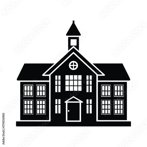 Classic American schoolhouse icon in a flat black silhouette style. Simple vector graphic of an educational institution building, isolated on a white background