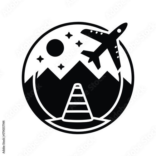 Minimalist black and white travel emblem showing an aircraft journey over a mountain landscape at night. A circular vector logo for adventure