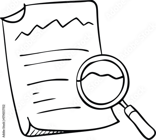 Magnifying glass over document examining text and data analysis concept vector
