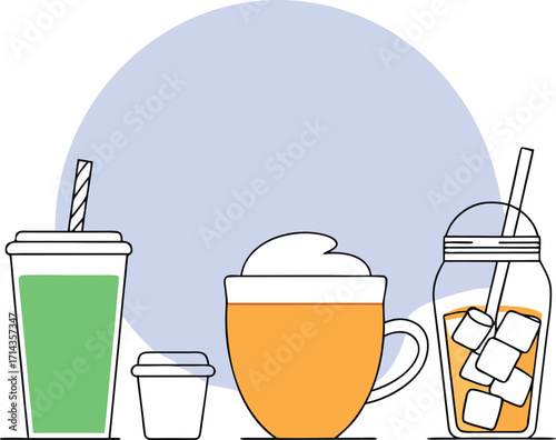 Assorted Cold Drinks and Coffee with Whipped Cream Keywords: drink, beverage, coffee, tea, smoothie