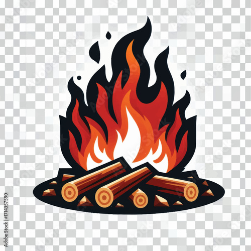 Burning campfire with flames and wooden logs illustration on transparent background.