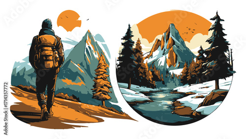 Scenic Nature Landscape with Logger and Autumn Foliage in Vibrant Colors