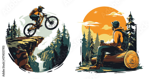 Farmer Cultivating Orchard with Birds and Sun-Set Landscape Illustration