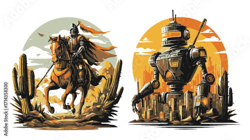 Woman Holding Pitchfork in Landscape Transitioning from Rural to Urban