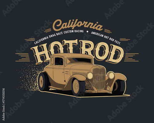 California hot rod vintage car illustration drag race custom retro american classic automobile design for t shirt print