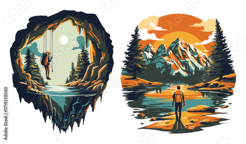 Scientist and Nature Conservationist Illustrations with Mountain Backgrounds